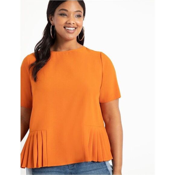 Eloquii Women's Rust Orange Crepe Knife Pleats Hem Crew Neck Back Keyhole Top 18 - Picture 1 of 8